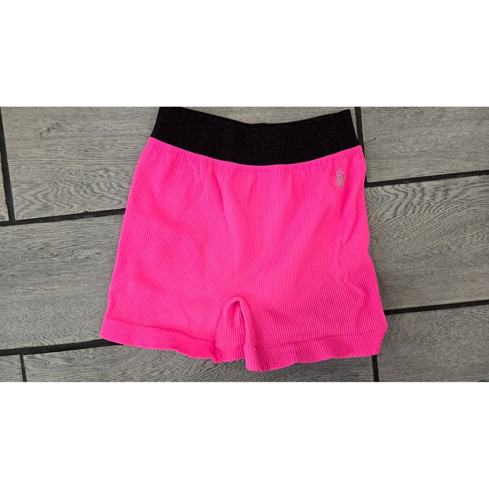 Free People Movement Good Karma Ribbed Shorts Neon Pink Black Sparkle M/L